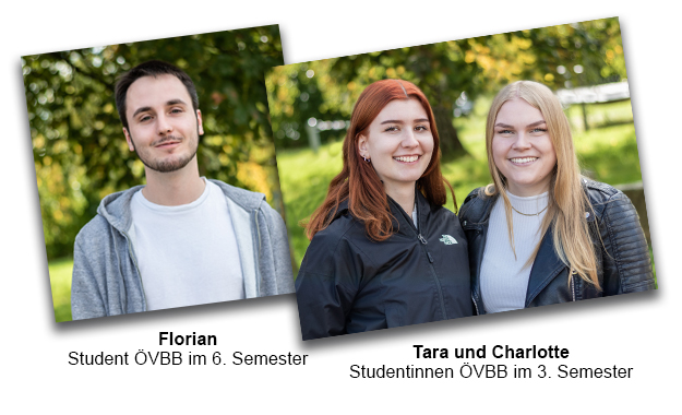 Porträtfotos von Florian, Tara und Charlotte als Studierende im dualen Studiengang ÖVBB