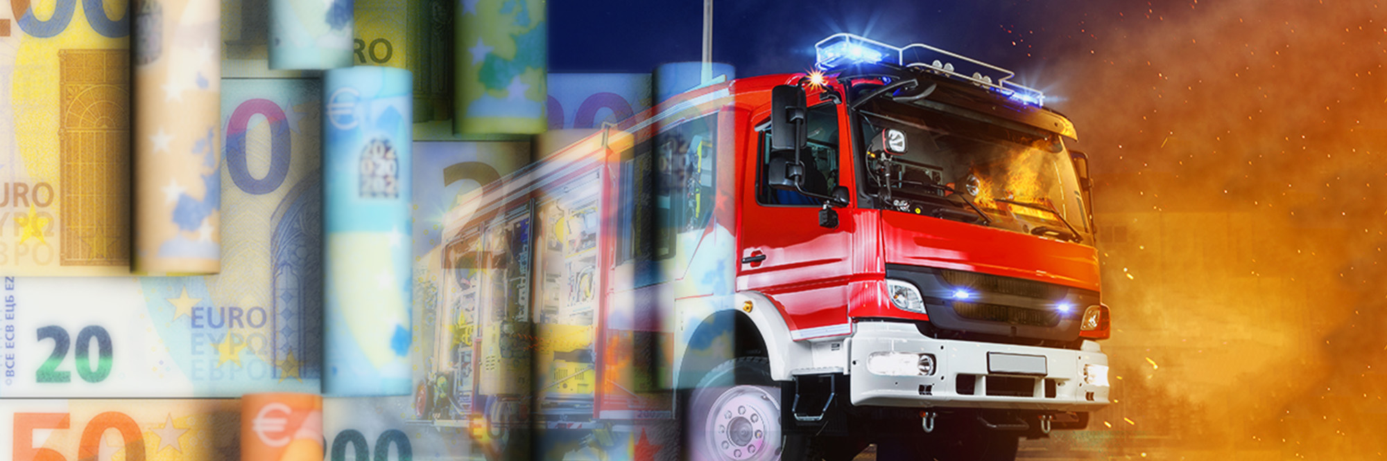 Symbolbild mit Feuerwehrfahrzeug und Geldscheinen für die BKS-Richtlinie