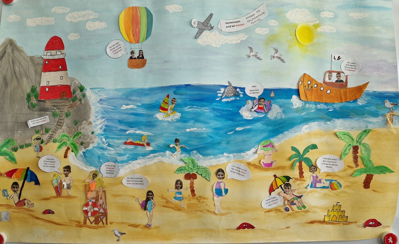 Wimmelbild am Meeresstrand mit vielen aufgeklebten Schnittbildern