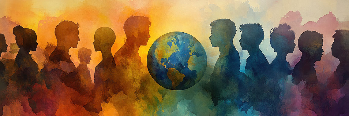 Headerbild Einwanderung und Integration Bunte Grafik der Erde mit mehreren unterschiedlichen Menschen