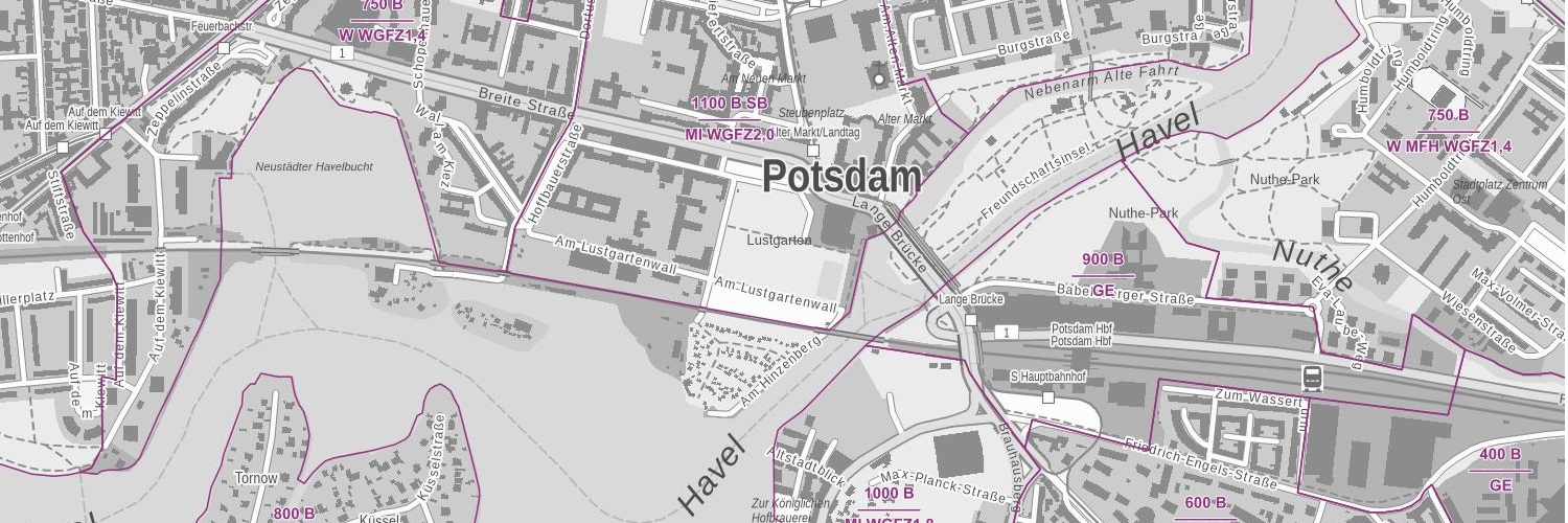 Das Bild zeigt eine Karte eines Teils der Innenstadt von Potsdam und den dazugehörigen Bodenrichtwerten
