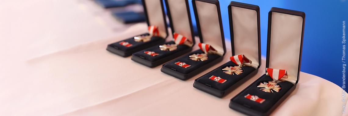 Bild: Headerbild mit Foto der zu verleihenden Ehrenzeichen in einer Reihe auf einem Tisch platziert - Fotograf: Thomas Spikermann
