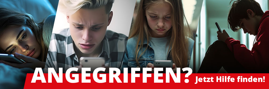 Headerbild LPR Bildserie ANGEGRIFFEN vier nachdenkliche bis traurige Jugendliche mit Handy