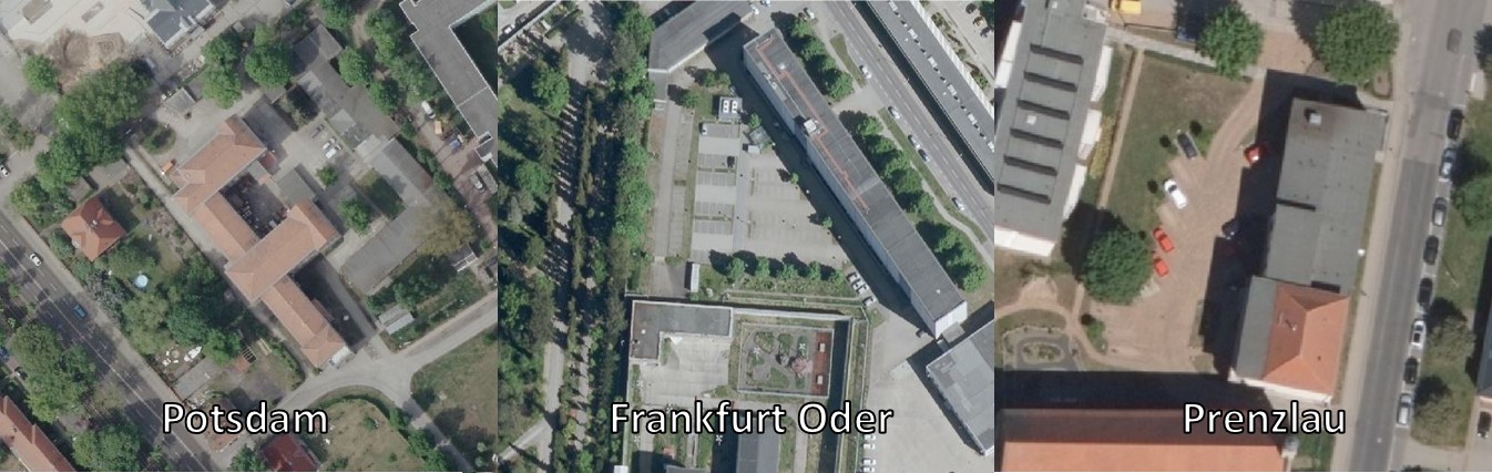 Headerbild, dass die Luftbilder der Standorte Potsdam, Frankfurt Oder und Prenzlau der LGB aufzeigt