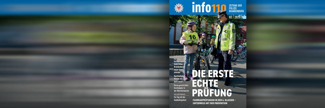 Bild: Headerbild mit Titelseite der Polizeizeitschrift info 100 Nr. 2 2025