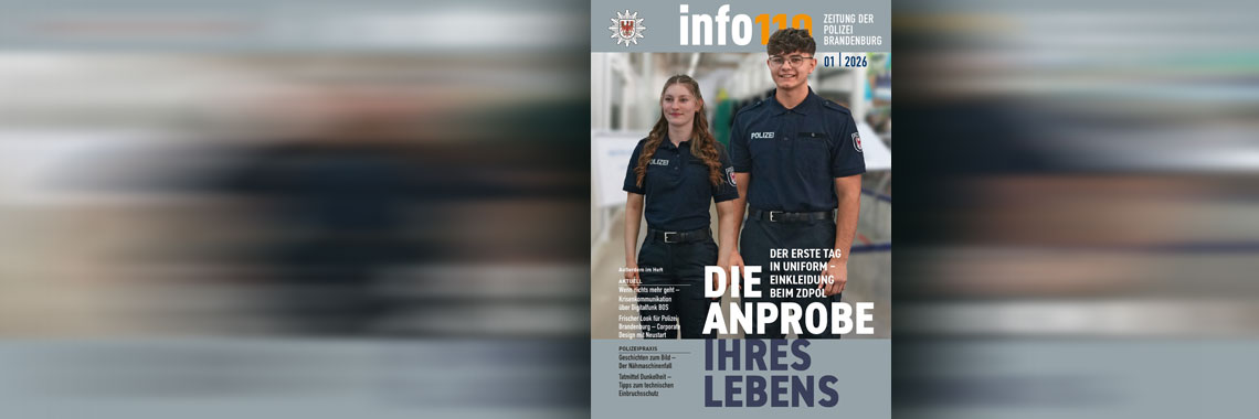 Bild: Titelseite der info 110 Nr. 1 2026 mit 2 jungen Polizeibediensteten