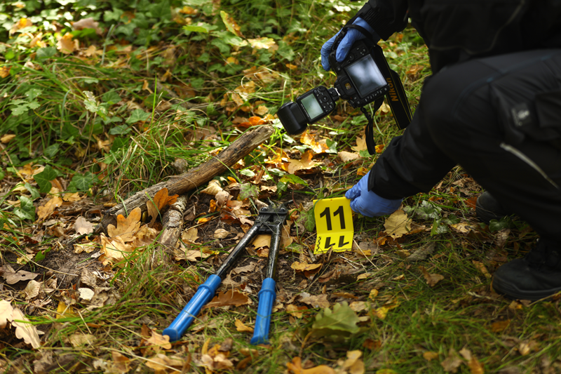 Kriminaltechniker sichert Spuren im Wald