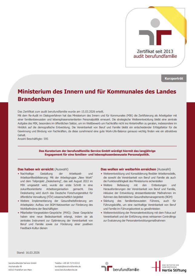 Kurzporträt audit berufundfamilie 2026 für das MIK mit Zieldefinition und Maßnahmen
