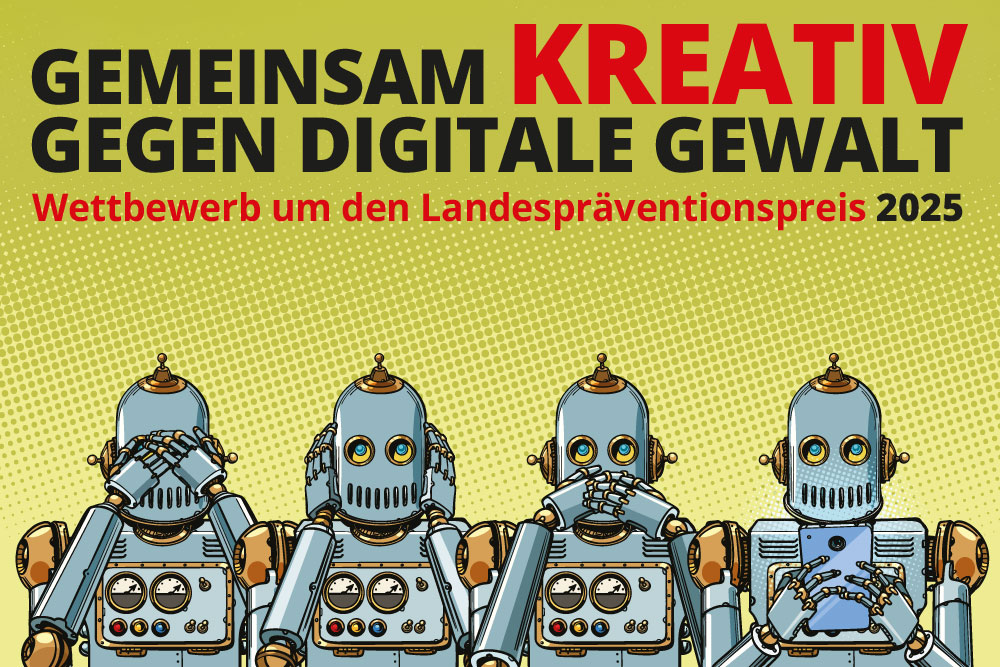 Nichts hören nichts sehen nichts sagen mit Smartphone 4 gezeichnete Roboter die nichts hören nichts sehen nichts sagen und einer mit einem Smartphone