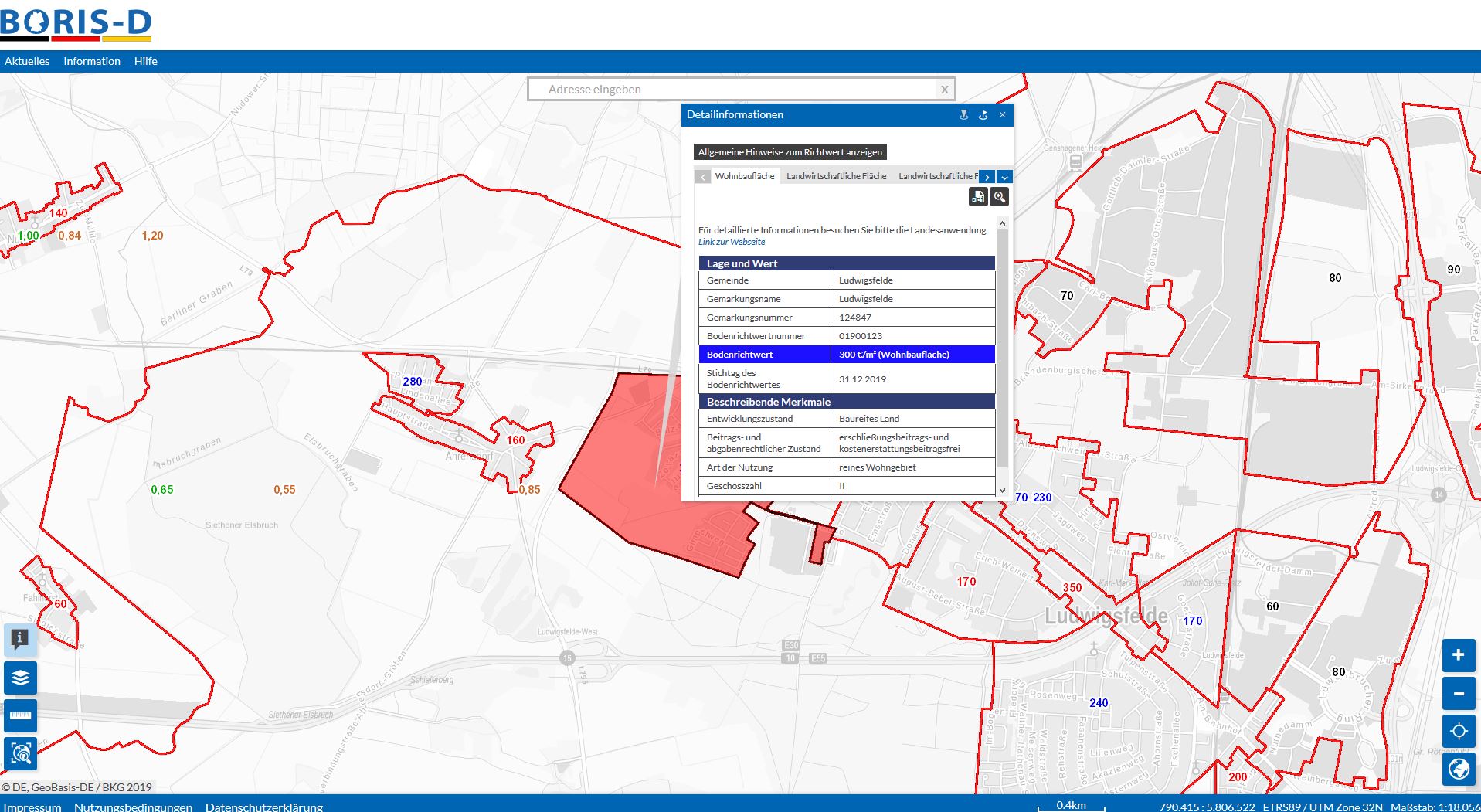 Im Bild ist ein Ausschnitt aus dem Onlineportal BORIS-D zu sehen. Speziell zeigt es die Detailinformationsabfrage zu einer Bodenrichtwertzone in Ludwigsfelde (Stand Dezember 2020)