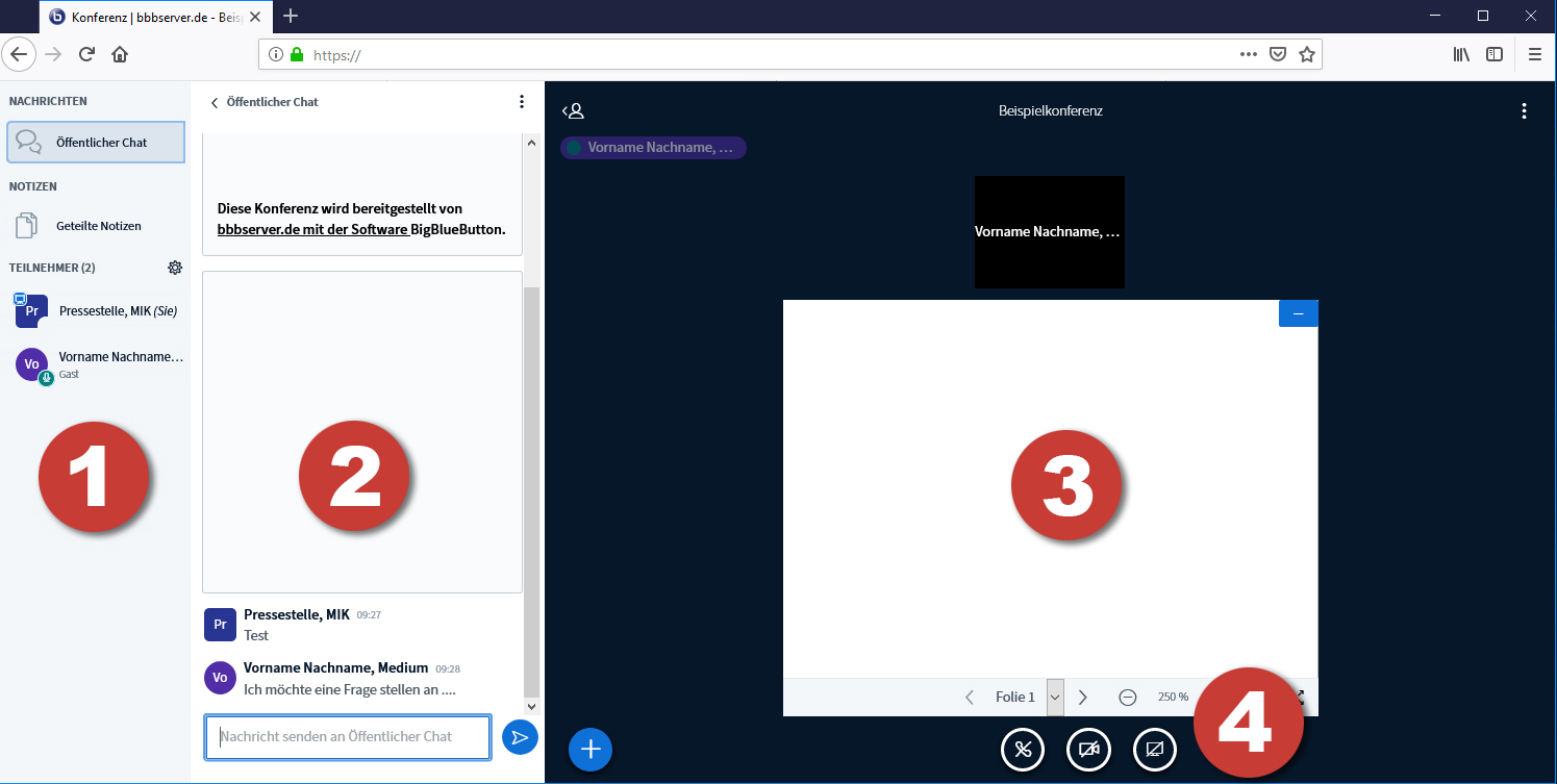 Screenshot Aufbau der Nutzeroberfläche der Videokonferenzsoftware Big Blue Button