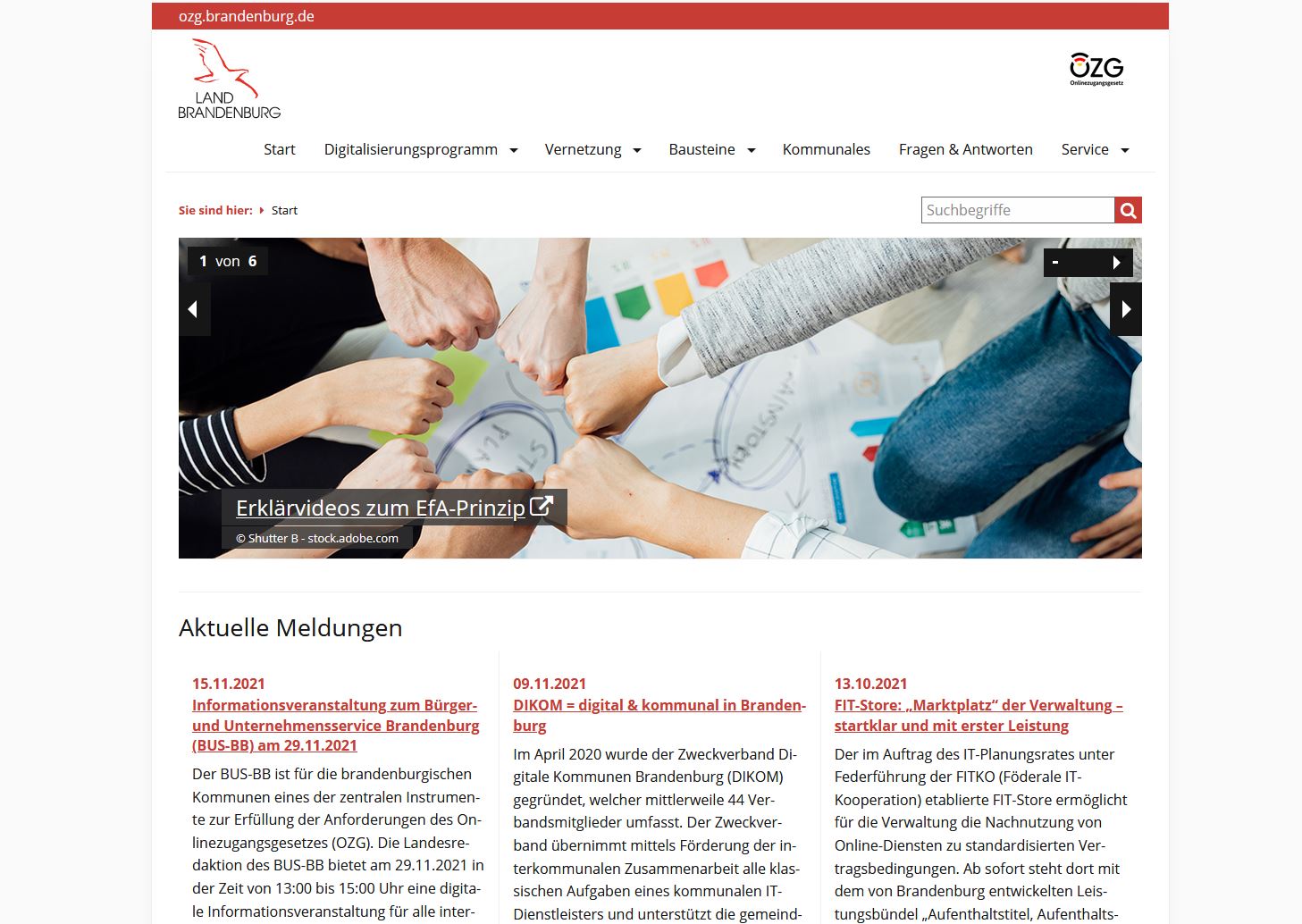 Screenshot der Startseite unter der Adresse ozg.brandenburg.de
