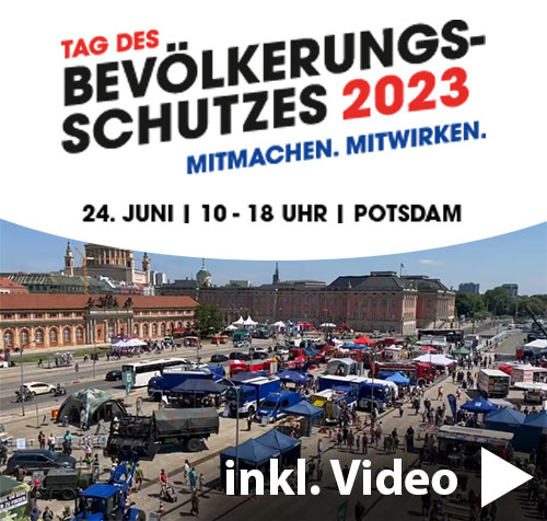 Linkbanner mit einem Luftbild des Tagges des Bevölkerungsschutzes, dem Veranstaltungslogo und der Aufschrift inklusive Video
