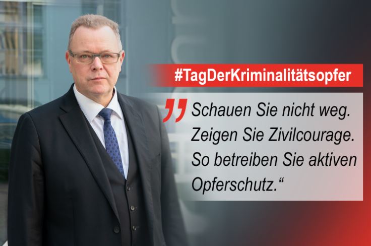 Foto von Minister Stübgen mit Zitat anlässlich des Tages der Kriminalitätsopfer