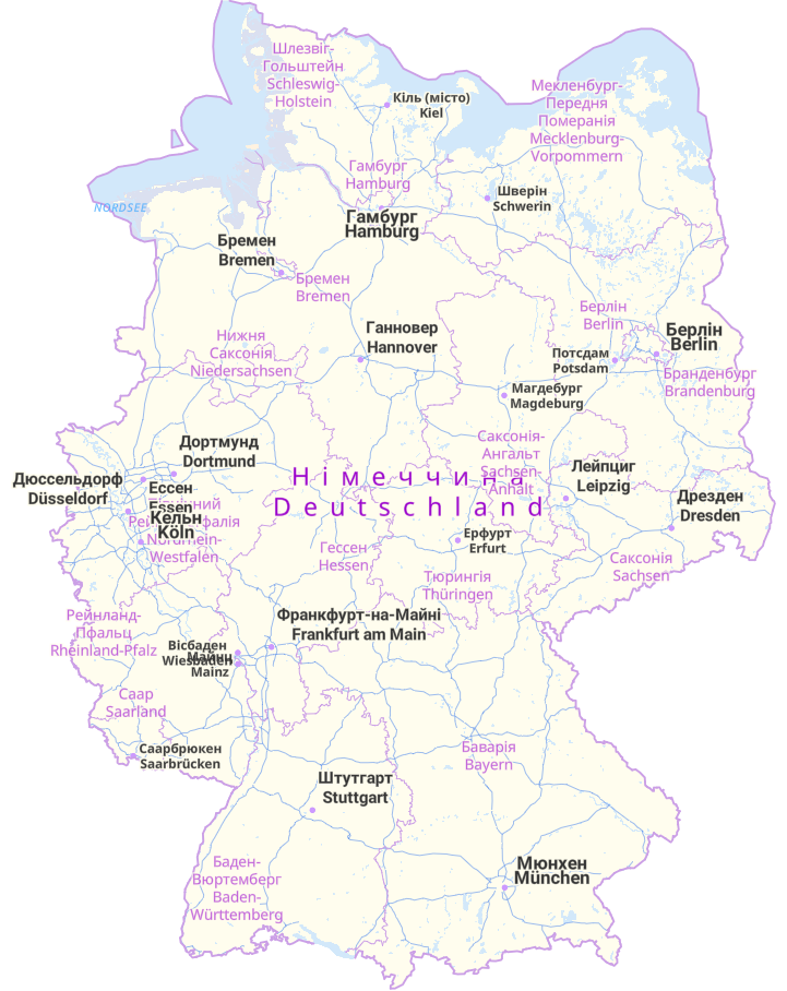 Das Bild zeigt eine zweisprachige Version der neue deutschlandweite amtliche Webkarte. Die Sprachen Deutsch und Ukrainisch sind in der Karte dargestellt 