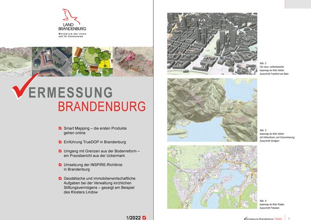 Auf dem Bild ist das aktuelle Cover der Vermessung Brandenburg sowie ein Ausschnitt aus der Vermessung Brandenburg zu sehen