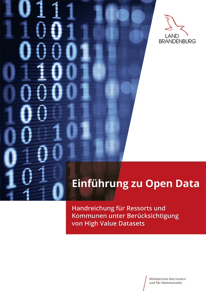 Bild vergrößern (Bild: Titelbild des Berichtes Einführung zu Open Data mit einem blauen trapezförmigen Titelbild mit durchgehender Zahlenabfolge von nullen und einsen sowie dem Logo des Ministeriums den Innern und für Kommunales des Landes Brandenburg)