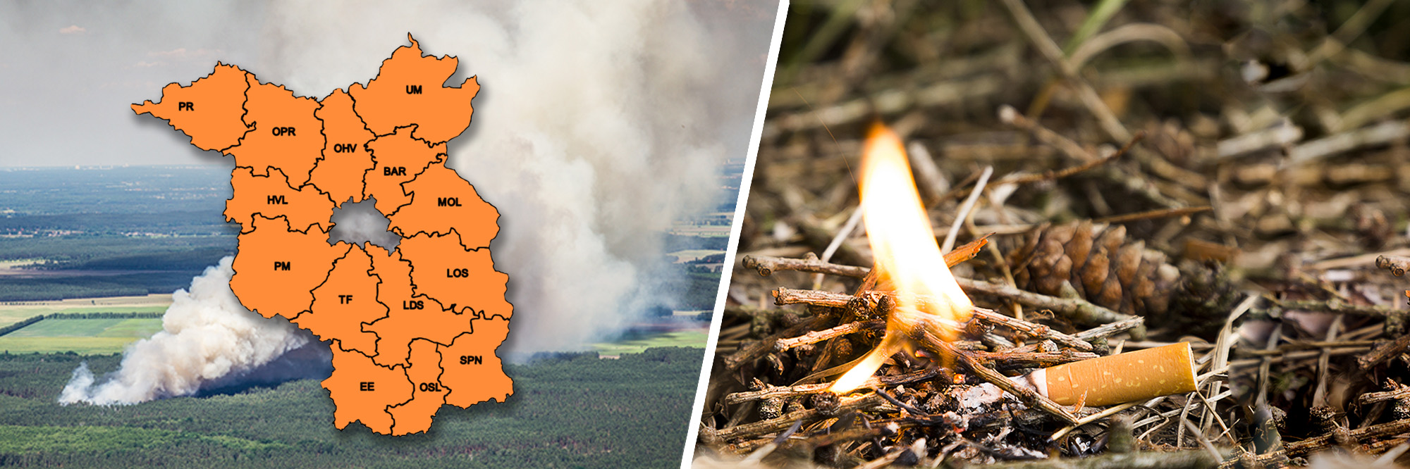 Symbolbild für Waldbrandgefahr mit Luftaufnahme eines Waldbrandes und einer Zigaretten-Kippe auf dem Waldboden.