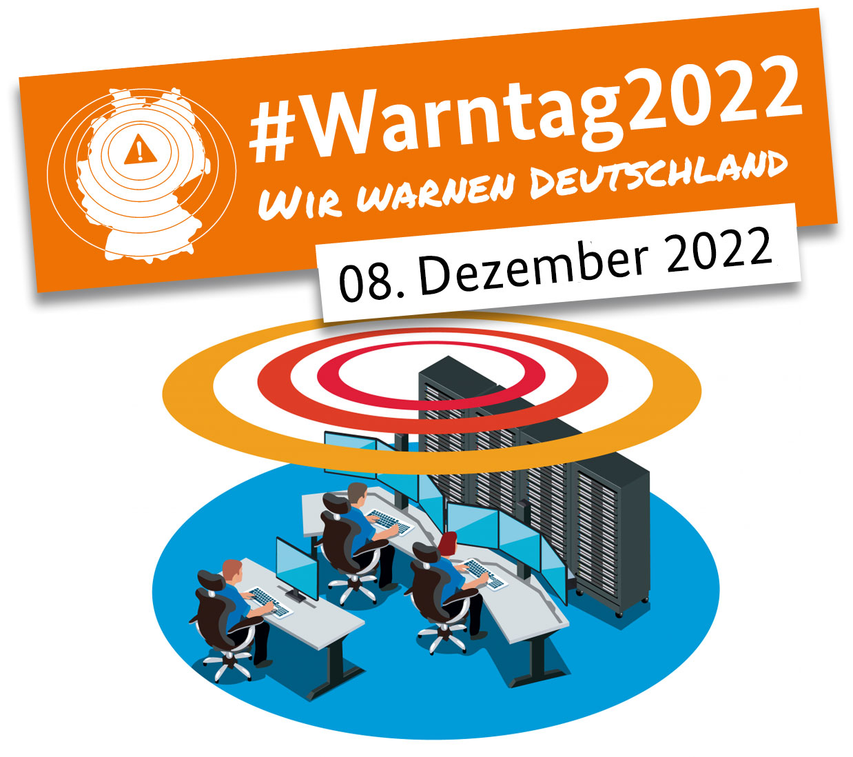 Werbebanner für den Warntag mit Aufschrift 8. Dezember 2022 und skizziertes Bild einer Leitstelle