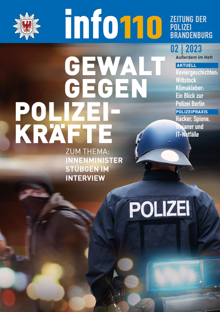 Bild vergrößern (Bild: Vorschaubild der Titelseite der neuen Ausgabe der Polizeizeitschrift Nr. 2/2023 mit dem Titelthema "Gewalt gegen Polizeikräfte" und einem Foto eines Polizisten im Einsatz)