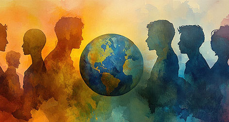 Bunte Grafik der Erde mit mehreren unterschiedlichen Menschen