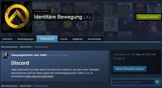 Biild zur Meldung vom 16.09.2019 Screenshot STEAM - Link zu Discord